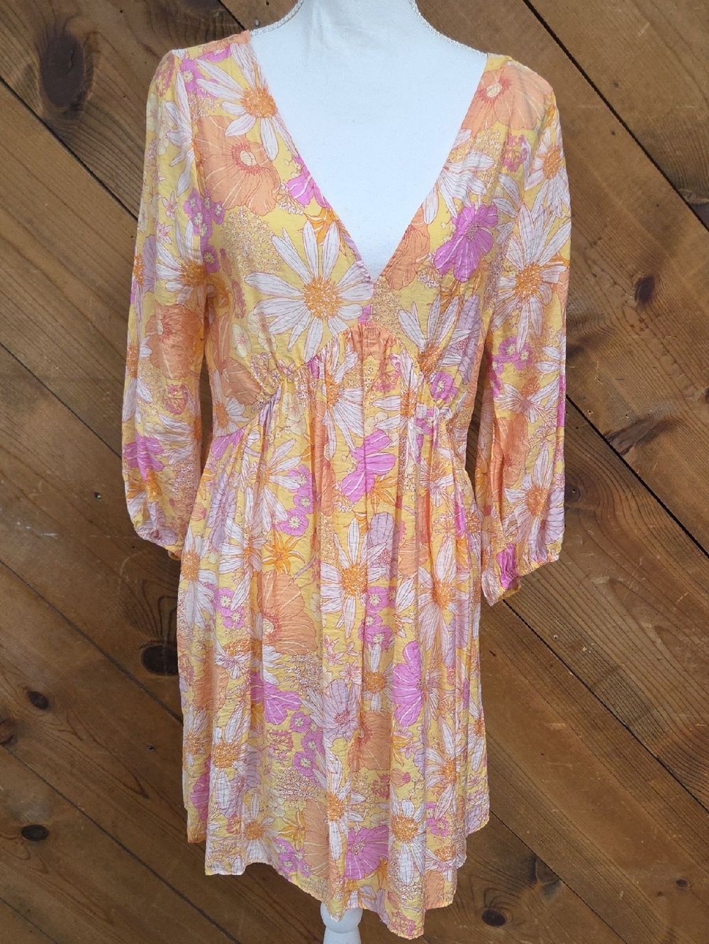 H&M Floral Babydoll Dress Yellow Pink Boho Daisy Mini Dress Cottagecore